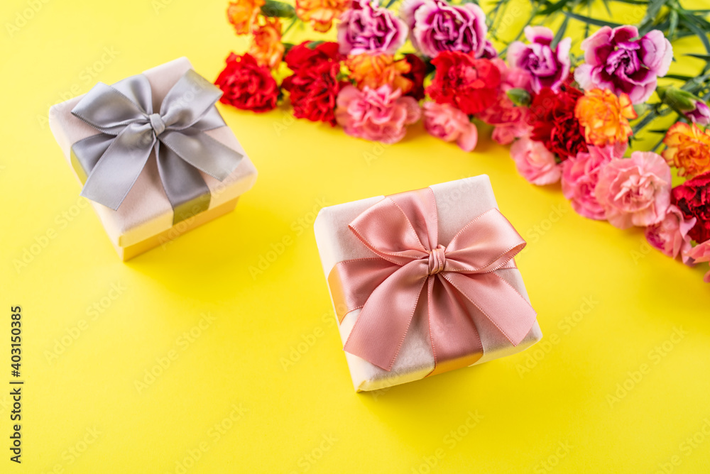 Exquisite gift box and carnation flowers Exquisite gift box and carnation flowers