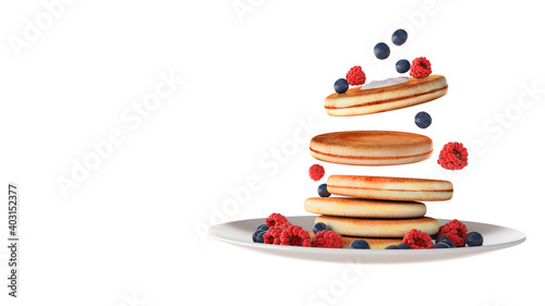 falling pancakes on the plate white background 3d render