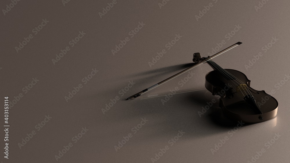 Brown classic violin on brown plate under spot lighting background. 3D sketch design and illustration. 3D high quality rendering. 3D CG. Brown classic violin on brown plate under spot lighting background. 3D sketch design and illustration. 3D high quality rendering. 3D CG.