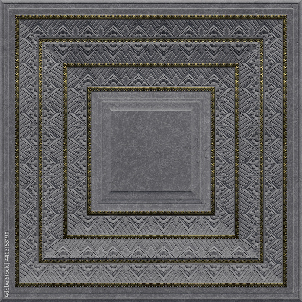 Fototapeta premium The lobby has an Art Deco ceiling, grey stucco with gold decorative ornaments 3D-rendering