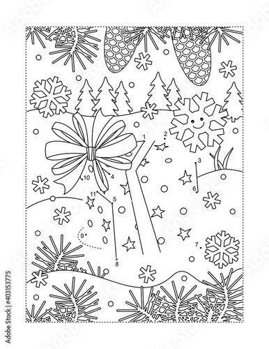 Giftbox with bow full page connect the dots puzzle and coloring page
