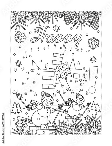Happy New Year greeting full page connect the dots puzzle and coloring page wth greeting text and two skiing snowmen in winter scene
