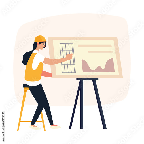 woman architect working on architecture project with drawing board
