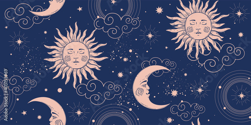 Seamless cosmic pattern with sun and crescent moon, vintage background for astrology and tarot. Sun with face and stars on a blue background. Vector illustration.