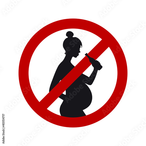 Sign of the prohibition of alcohol during pregnancy, black female silhouette of a pregnant woman with a bottle in her hand. Vector illustration isolated on white background.