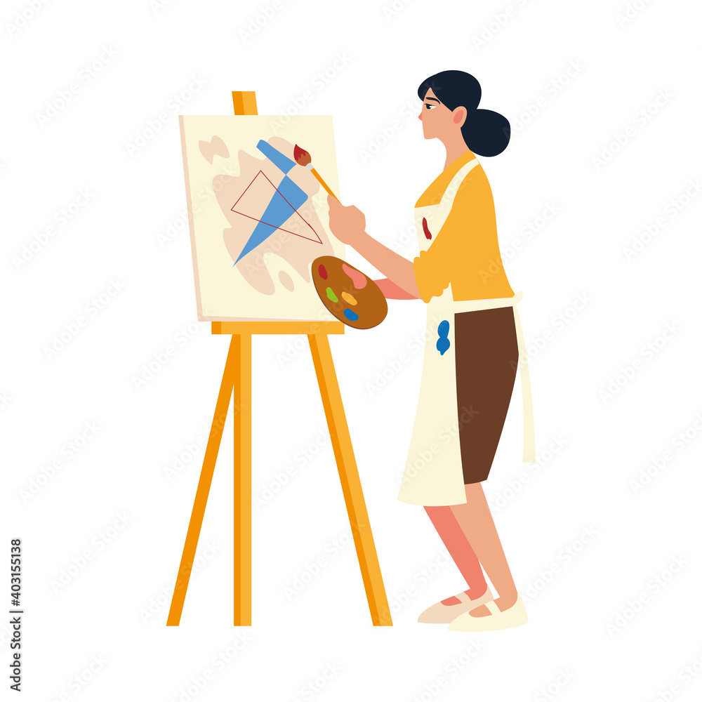 Fototapeta premium woman professional painter stand in front of easel