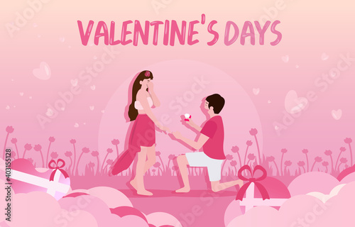 Man proposing marriage to a woman in valentine's day, paper art valentine concept , love, relationship. Happy Lover. Couple in love for greeting cards pink tone.