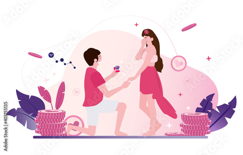 Wedding Ceremony valentine concept , Man proposing marriage to a woman in valentine's day. Cartoon Flat Vector Illustration. Couple in love for greeting cards pink tone.