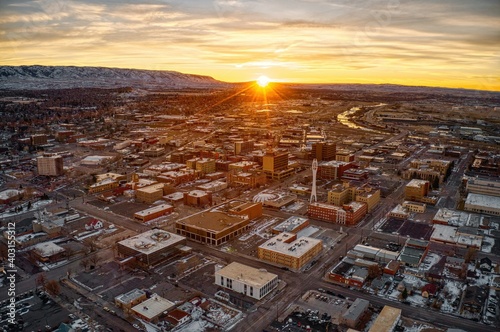 Aerial View of Downtown Casper, Wyoming at Dusk on Christmas Day