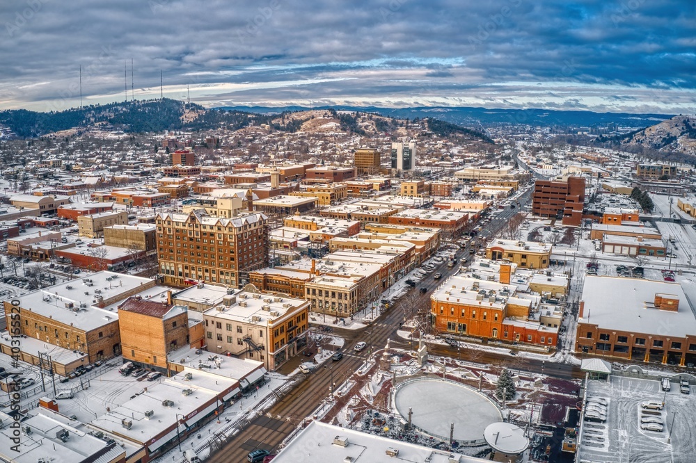 Aerial View of Rapid City, South Dakota with fresh Snow