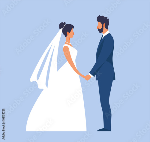 The groom in a suit and the bride in a wedding dress, a couple in love in elegant outfits. Vector illustration in flat style for design of invitations, cards, wedding decor.