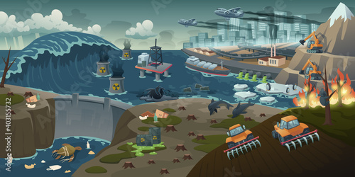 Ecology pollution, deforestation, forest fire, nature deforestation global problem. Oil derrick in dirty ocean or sea water with dam, dying animals, ecological catastrophe, Cartoon vector illustration