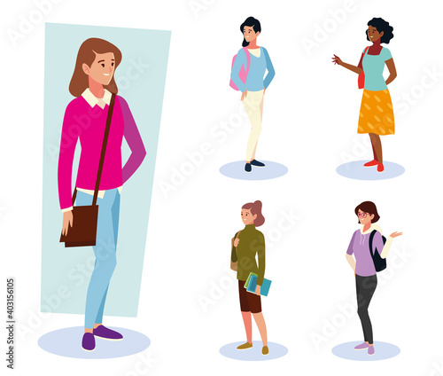 set of university students female classmates standing with bags