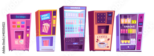 Vending machines with snacks, pop corn, coffee and cold drinks packages isolated on white background. Vendor service, automatic retail products business concept. Cartoon vector illustration, icons set