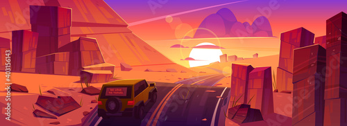 Car driving road at sunset desert or canyon beautiful landscape with red orange sky and sun down. Jeep travel, riding asphalt highway route with dusk skyline, rocky barren, Cartoon vector illustration