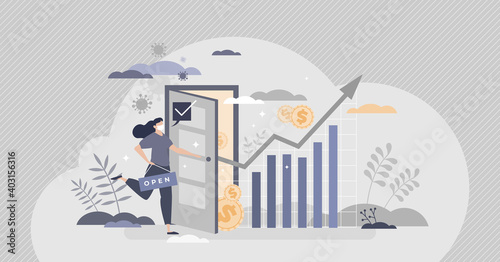 Reopening economy for financial growth after covid crisis tiny person concept