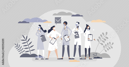 Medical team with doctors, nurses and hospital staff tiny person concept