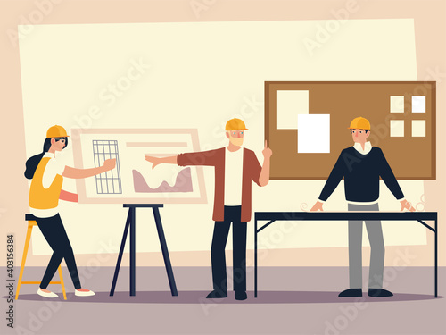 builders and architects, female and male architects in the office with project blueprints