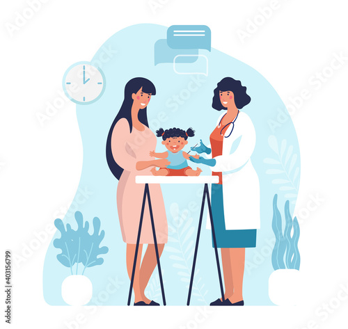 Illustration about vaccination of children, pediatrics and motherhood, mother and child at the doctor s appointment. Flat vector illustration isolated on white background
