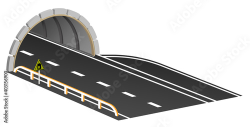 entrance to automobile tunnel with swith parking area and warning sign. Automobile bridge with arched tunnel in mountains. Vector
