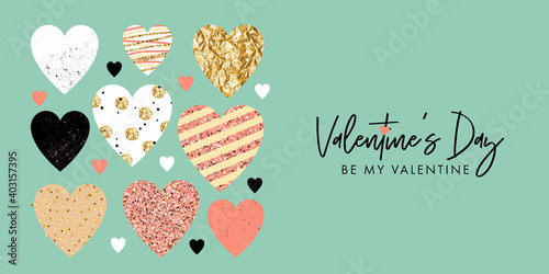 Valentines Day modern design for web banner, Sale, Valentine card, cover, flyer or poster with hearts with glitter, gold foil, dots and stripes isolated on background with copy space. Decoration set