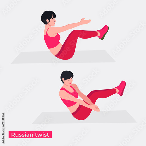 Russian twist exercise, Women workout fitness, aerobic and exercises. Vector Illustration.