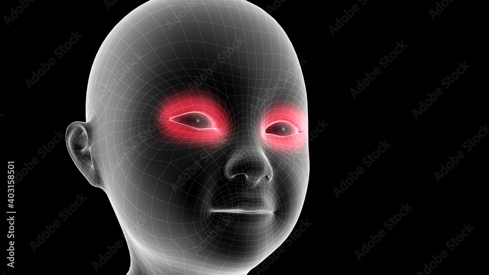 3d illustration of a children xray hologram showing pain area on the head area 3d illustration of a children xray hologram showing pain area on the head area