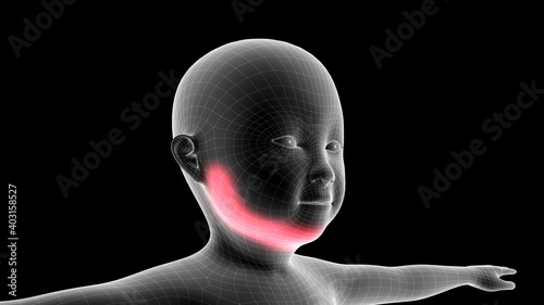 3d illustration of a children xray hologram showing pain area on the head area