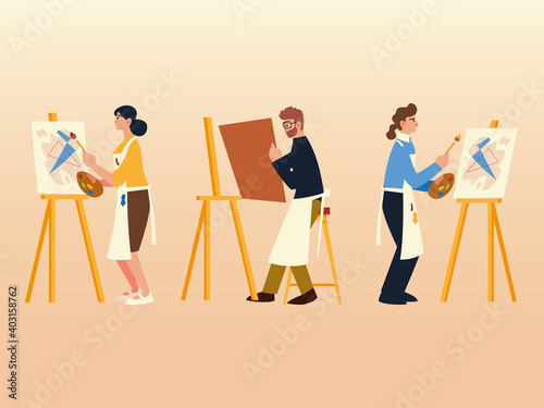 people in paint class with easel canvas brush and paint color