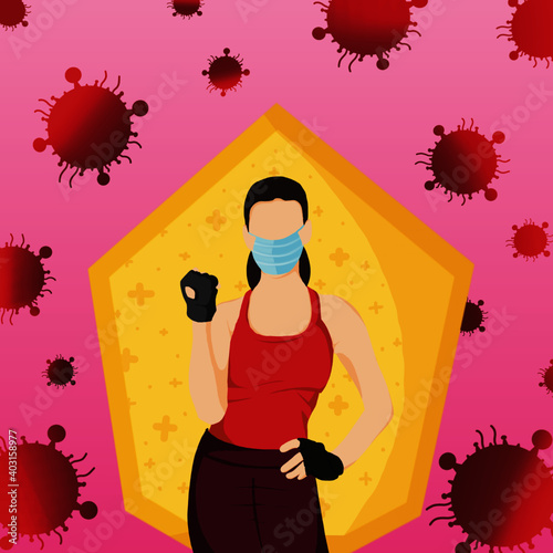 Masked woman stays strong and healthy during the Covid-19 pandemic.