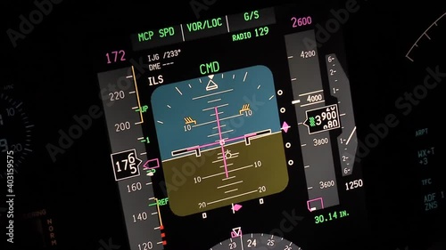 Flight instruments display of a modern passenger airplane flying at night. Actual cockpit footage. Aircraft is slowing down, turning and descending for landing. photo