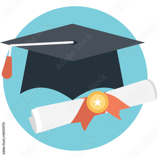 Toga cap with graduation certificate flat icon. 