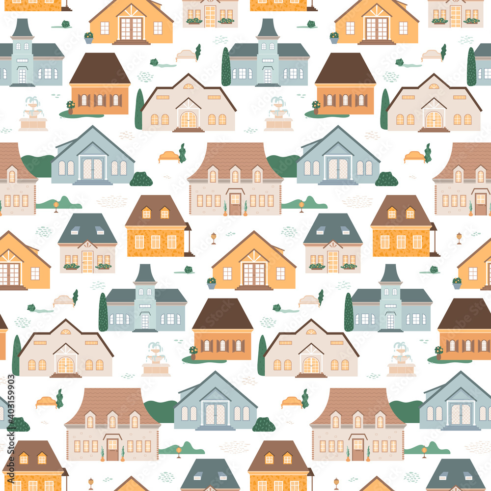 Village with cottages and suburban houses. Vector illustration, small town, courtyards with a fountain, benches, lanterns and trees. Seamless pattern for packaging, banner, prints isolated on white.