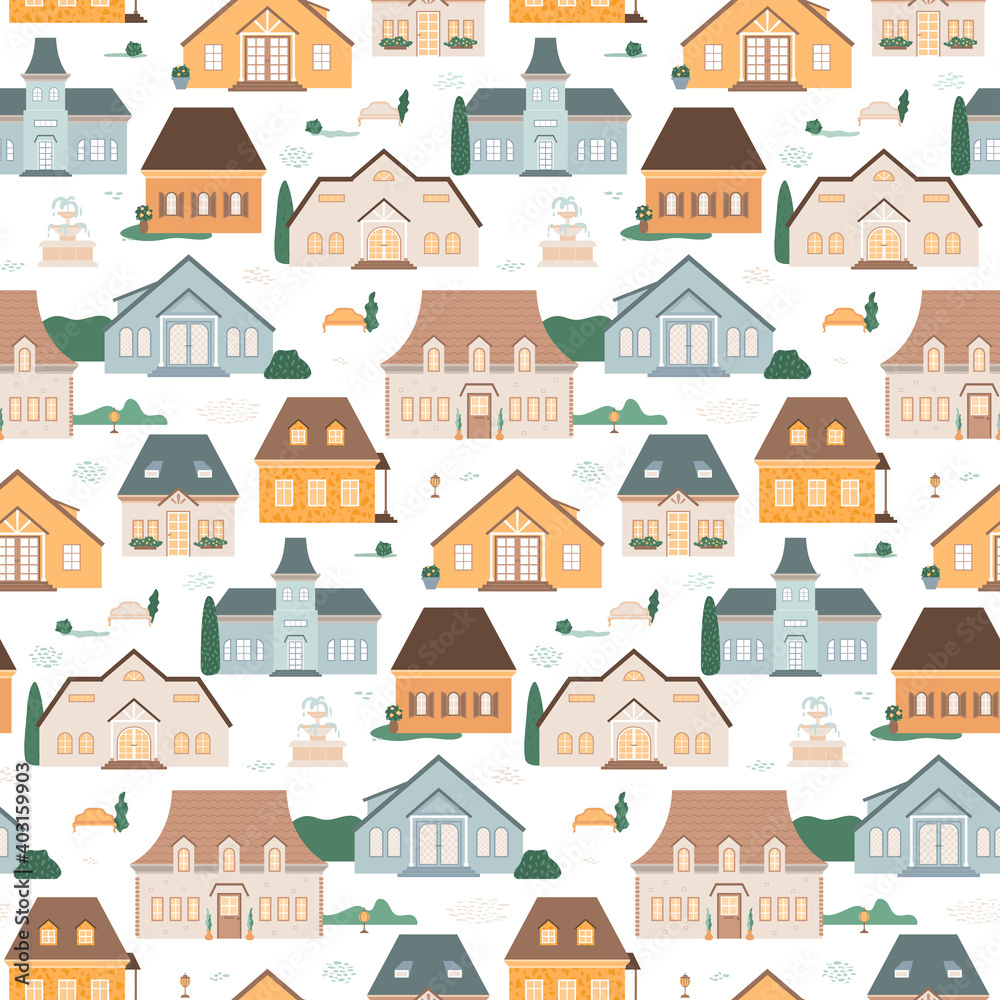 Village with cottages and suburban houses. Vector illustration, small ...