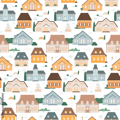 Village with cottages and suburban houses. Vector illustration, small town, courtyards with a fountain, benches, lanterns and trees. Seamless pattern for packaging, banner, prints isolated on white.