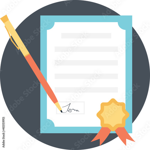 Pen signature on certified document icon