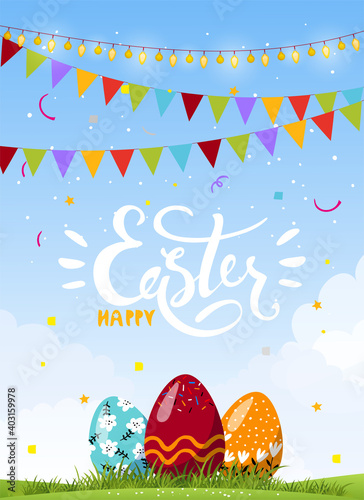 Beautiful Easter card, flyer, invitation, decorated eggs in the grass on a natural sky background with text. Happy Easter. Cartoon flat vector illustration.