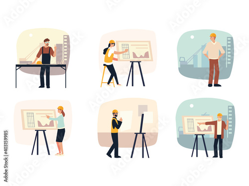 builders and architects set, architectural project planning with blueprints