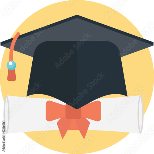 Graduation cap with diploma icon. Flat symbol of finishing education