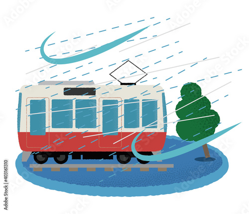 台風の被害に遭う電車のベクターイラスト