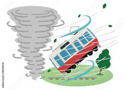 竜巻の被害に遭う電車のベクターイラスト