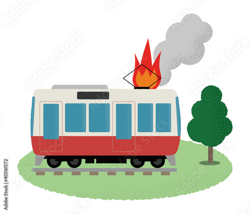 火災に遭う電車のベクターイラスト