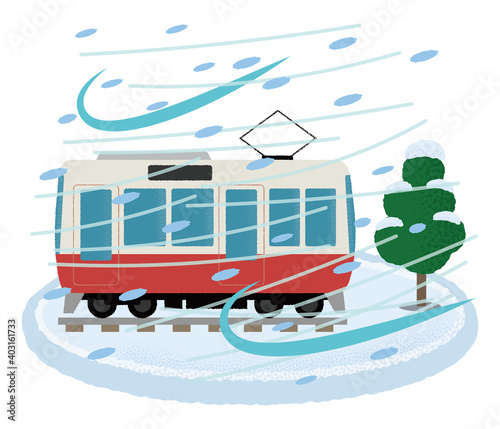 吹雪の被害に遭う電車のベクターイラスト