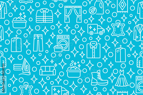 Dry cleaning and laundry seamless pattern with flat line icons. White symbol on a blue background.