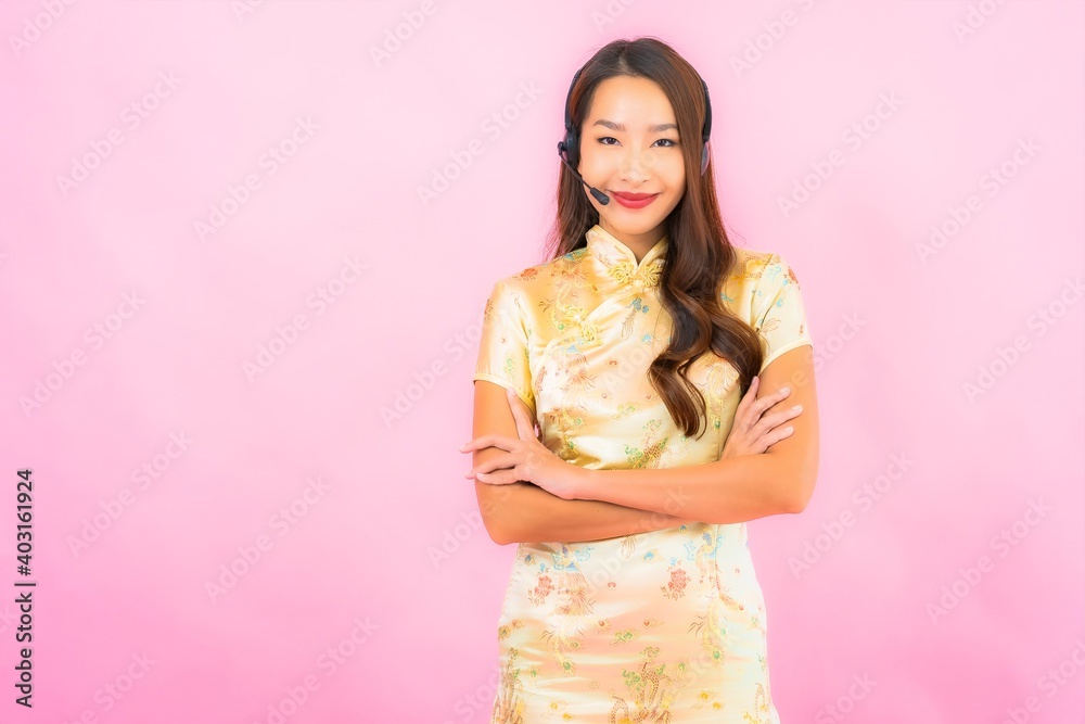 Portrait beautiful young asian woman customer call center care Portrait beautiful young asian woman customer call center care