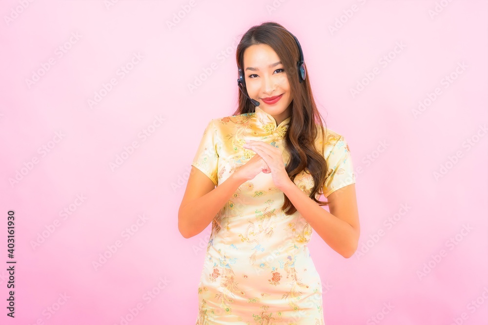 Portrait beautiful young asian woman customer call center care Portrait beautiful young asian woman customer call center care