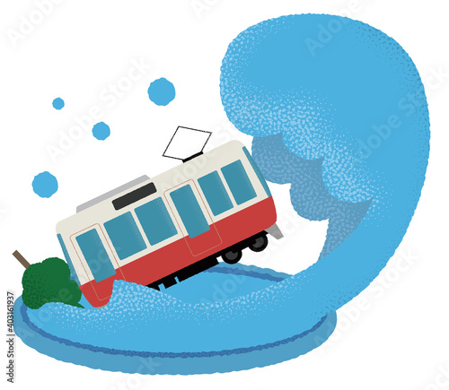大雨の被害に遭う電車のベクターイラスト