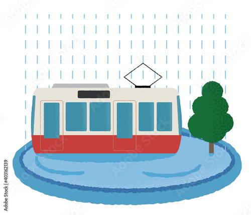 大雨の被害に遭う電車のベクターイラスト
