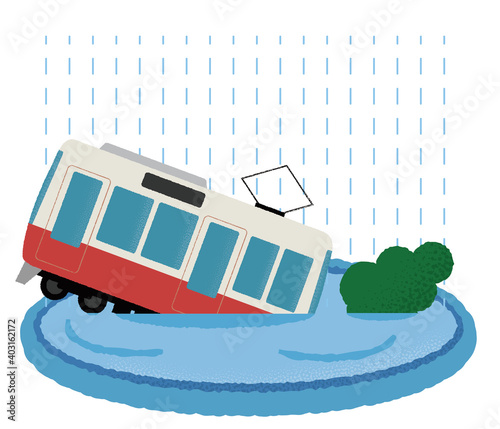 大雨の被害に遭う電車のベクターイラスト
