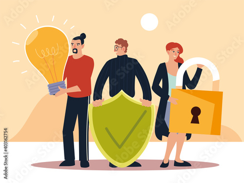 men and woman with padlock shield and light bulb objects